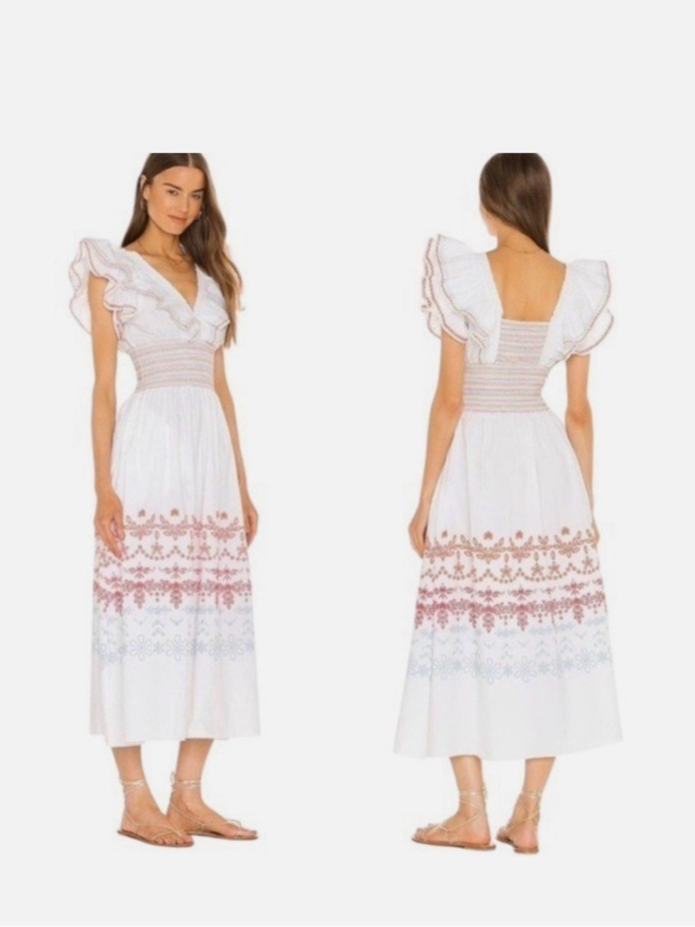 Something Navy White Ruffle Smocked V-Neck Embroidered Midi Dress